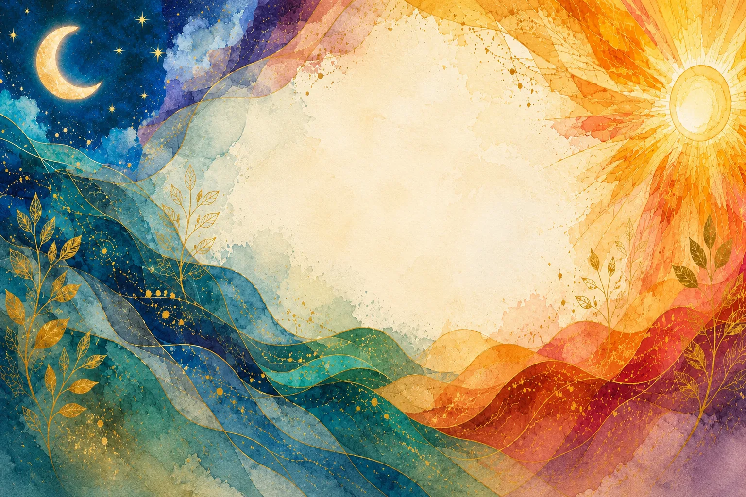 Watercolor painting of a crescent moon and rising sun meeting over flowing hills, with gold botanical linework.